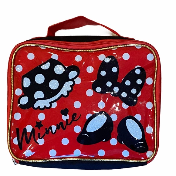 Disney Minnie Mouse Glitter Lunch Bag Box Red School Camp Black White Retro - Picture 1 of 4